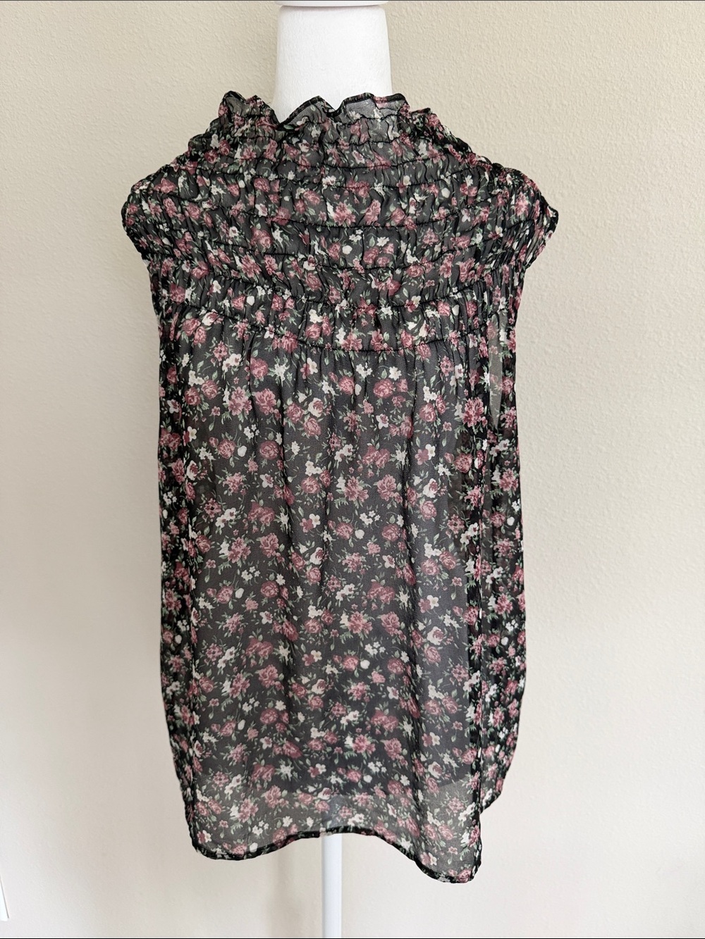 Pleione Black Sheer Smocked Neck Floral Tunic - Pink Rose Print